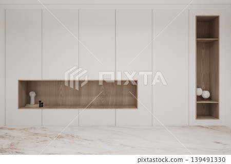 shelf on Built-in mock up smath board wall minimalist,Empty white wall on granite tiles floor and decoration, room japandi modern style.3D rendering shelf on Built-in mock up smath board wall minimalist,Empty white wall on granite tiles floor and decoration, room japandi modern style.3D rendering 139491330