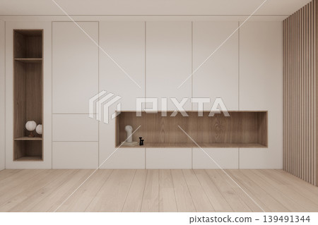 shelf on Built-in mock up smath board wall minimalist,Empty white wall on wooden floor and decoration, room japandi modern style.3D rendering shelf on Built-in mock up smath board wall minimalist,Empty white wall on wooden floor and decoration, room japandi modern style.3D rendering 139491344