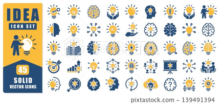 Idea Solid Icon Set Featuring Creativity, Innovation And Brainstorming Symbols. Perfect For Startups, Education And Business Projects. Clean Modern Design With Bold And Clear Visual Elements. Vector I 139491394