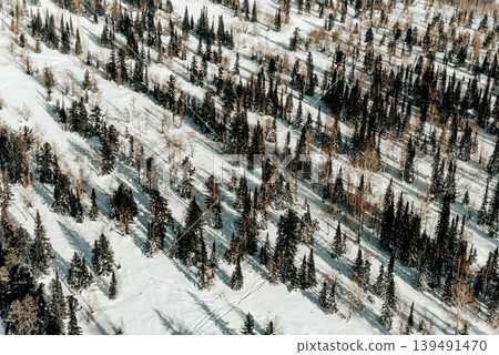 Landscape of snowy Sheregesh mountain, peak hill range haze winter Bird eye view Landscape of snowy Sheregesh mountain, peak hill range haze winter Bird eye view 139491470