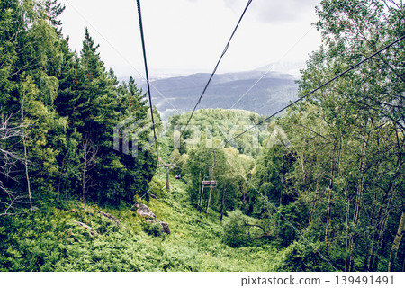 Ski resort view of ski track with cable car summer, Belokurikha Siberia Russia 139491491