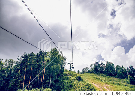 Ski resort view of ski track with cable car summer, Belokurikha Siberia Russia Ski resort view of ski track with cable car summer, Belokurikha Siberia Russia 139491492