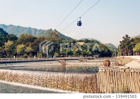 Ski resort view of ski track with cable car summer, Tufandag, Tfan, Azerbaijan Ski resort view of ski track with cable car summer, Tufandag, Tfan, Azerbaijan 139491503