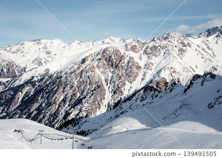 Ski Resort view of ski track landscape in winter Shymbulak, Alma Ata, Kazakhstan 139491505