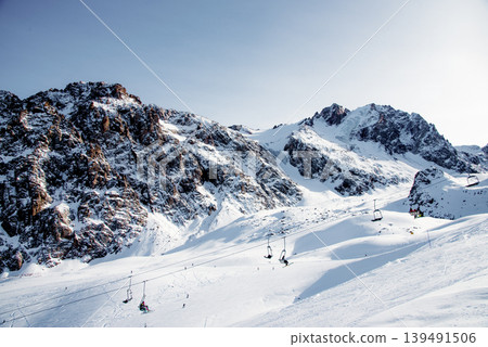 Ski Resort view of ski track landscape in winter Shymbulak, Alma Ata, Kazakhstan 139491506