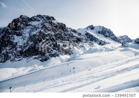 Ski Resort view of ski track landscape in winter Shymbulak, Alma Ata, Kazakhstan 139491507
