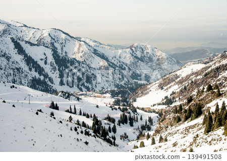 Ski Resort view of ski track landscape in winter Shymbulak, Alma Ata, Kazakhstan 139491508