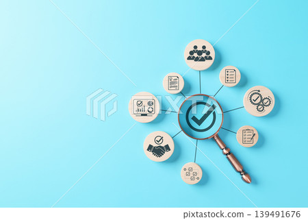Business compliance verification and quality control audit concept. magnifying glass on checkmark with icons for certification, documents, checklist, analytics, approval, process management, assurance Business compliance verification and quality control audit concept. magnifying glass on checkmark with icons for certification, documents, checklist, analytics, approval, process management, assurance 139491676
