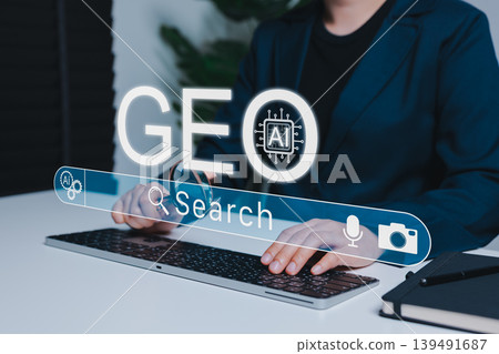 GEO Generative Engine Optimization and AI Search Marketing Concept. Person using laptop and search bar with AI chip and search icons to represent the future of SEO and AI-driven web search results 139491687