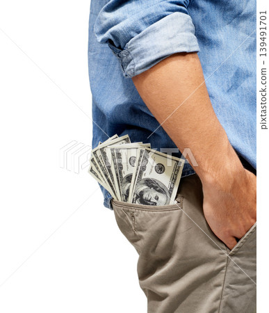 Man, hand and pocket of cash for financial freedom, profit or investment against a white studio background. Closeup of male person with money, dollar bills or savings in finance, bribe or salary 139491701