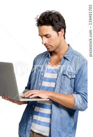 Man, laptop and typing an email, studio and networking with internet connection by white background. Male person, technology and website for planning, online research and copywriting or freelancer Man, laptop and typing an email, studio and networking with internet connection by white background. Male person, technology and website for planning, online research and copywriting or freelancer 139491705