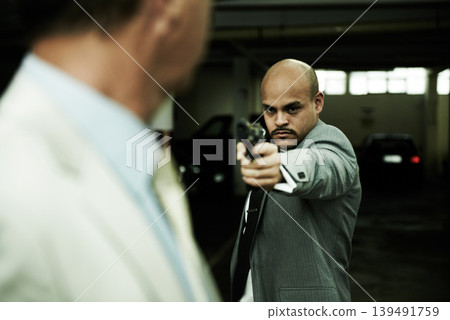 Crime, car park and business man with gun point robbery, kidnap or ransom, danger or threat. Violence, gangster or mature male entrepreneur with fear, stress and anxiety for mafia, mob or terror 139491759