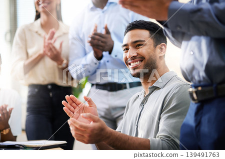 Happy, man and applause in office with meeting, success and achievement for brand awareness campaign. Person, smile and clap in business with team, pride and goal accomplishment for marketing agency. Happy, man and applause in office with meeting, success and achievement for brand awareness campaign. Person, smile and clap in business with team, pride and goal accomplishment for marketing agency. 139491763