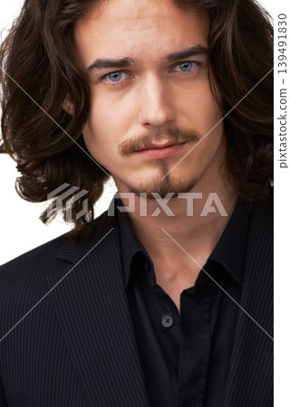 Fashion suit, face and stylish man portrait in formal outfit, attire or pride in style, elegance or classy apparel. Studio clothes, handsome aesthetic beauty and classic closeup on white background 139491830
