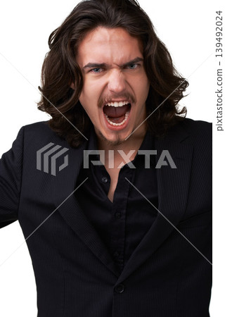 Fashion suit, portrait or man scream in formal outfit, business attire or angry in fancy, elegant or classy apparel. Smart clothes, crazy facial expression or stylish studio model on white background 139492024