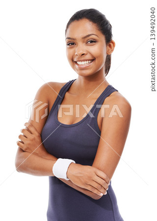 Woman, confidence and smile in portrait for fitness, studio and happy for health and wellness. Female person, face and positive for workout and training or pride for weight loss by white background Woman, confidence and smile in portrait for fitness, studio and happy for health and wellness. Female person, face and positive for workout and training or pride for weight loss by white background 139492040