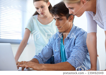 Business people, teamwork and laptop for collaboration, online planning and website design learning, training or support. Group, team or designer typing on computer for startup project or research 139492049