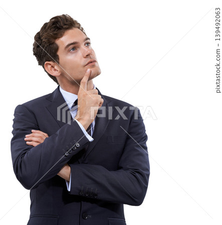 Business man, thinking of ideas and solution, questions or problem solving with legal vision, goals or emoji face in studio. Corporate lawyer or attorney with decision or choice on a white background Business man, thinking of ideas and solution, questions or problem solving with legal vision, goals or emoji face in studio. Corporate lawyer or attorney with decision or choice on a white background 139492063