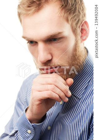 Business, thinking and man in studio for planning, solution or brainstorming ideas on white background. Why, face or male entrepreneur with questions, memory or reflection, problem solving or gesture Business, thinking and man in studio for planning, solution or brainstorming ideas on white background. Why, face or male entrepreneur with questions, memory or reflection, problem solving or gesture 139492084