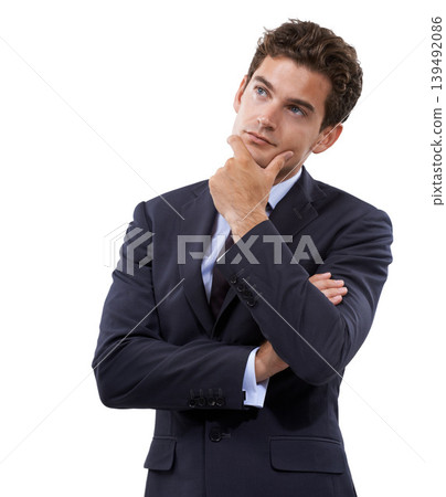 Corporate man, thinking and planning for solution, ideas and investment strategy with emoji face in studio. Business employee for problem solving, vision and decision or choice on a white background Corporate man, thinking and planning for solution, ideas and investment strategy with emoji face in studio. Business employee for problem solving, vision and decision or choice on a white background 139492086