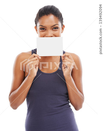 Woman, blank card and portrait for exercise in studio, mockup and sign up or information or offer. Female person, paper and advertising on placard for membership promotion at gym by white background Woman, blank card and portrait for exercise in studio, mockup and sign up or information or offer. Female person, paper and advertising on placard for membership promotion at gym by white background 139492094