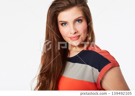 Happy woman, portrait and fashion with makeup, cosmetics or beauty against a white studio background. Face of attractive young female person or model smile in skincare with stripped t shirt on mockup 139492105