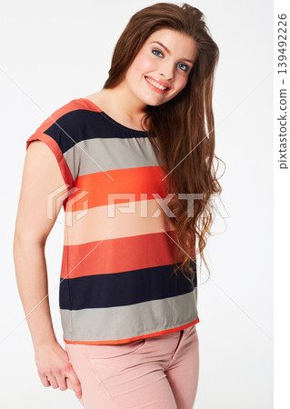 Happy woman, portrait and fashion with stylish clothing, makeup or beauty cosmetics against a white studio background. Attractive young female person or model smile with stripped t shirt on mockup 139492226