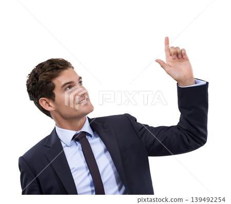Studio, smile and corporate man pointing up at professional service, business information or company sales promotion. Direction, message or happy agent gesture at ads presentation on white background Studio, smile and corporate man pointing up at professional service, business information or company sales promotion. Direction, message or happy agent gesture at ads presentation on white background 139492254