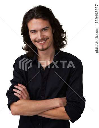 Fashion portrait, arms crossed and happy man with studio semi formal outfit, style or confident pride in cotton dress shirt. Clothes, happiness or stylish model smile for elegance on white background Fashion portrait, arms crossed and happy man with studio semi formal outfit, style or confident pride in cotton dress shirt. Clothes, happiness or stylish model smile for elegance on white background 139492257