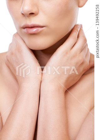 Woman, hands and skincare for cosmetics, beauty or makeup isolated against a white studio background. Closeup of female person, shoulder or skin in care for dermatology, hygiene or spa treatment Woman, hands and skincare for cosmetics, beauty or makeup isolated against a white studio background. Closeup of female person, shoulder or skin in care for dermatology, hygiene or spa treatment 139492258