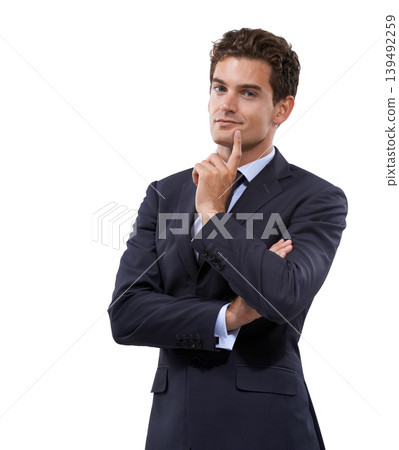 Businessman, portrait and solution in studio with idea, start up and strategy in decision as corporate professional. Person, face and entrepreneur in accounting career and pride by white background Businessman, portrait and solution in studio with idea, start up and strategy in decision as corporate professional. Person, face and entrepreneur in accounting career and pride by white background 139492259