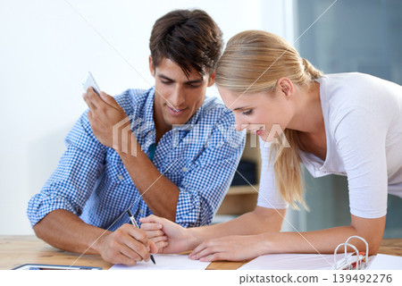Meeting, planning and business people in office for financial analysis, review or management. Solution, strategy and finance team with paper, report or documents for signature, compliance or sales 139492276