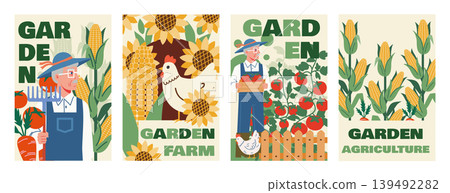 Set of four vertical banners for a garden farm event. Illustrations: farmer with rake, hen amid sunflowers corn, gardener harvesting tomatoes, corn stalks with typography. 139492282
