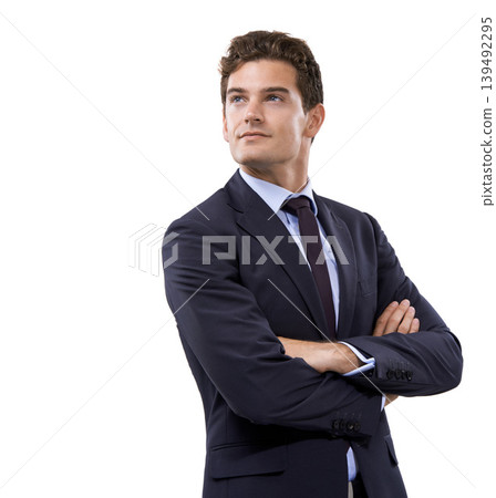 Arms crossed, thinking and business with man, opportunity and employee isolated on a white studio background. Person, model and entrepreneur with decision, choice and promotion with mockup space Arms crossed, thinking and business with man, opportunity and employee isolated on a white studio background. Person, model and entrepreneur with decision, choice and promotion with mockup space 139492295