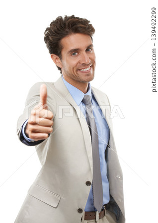 Thumbs up, portrait and business man in studio for success, winning deal and achievement on white background. Happy employee, emoji sign and like for feedback, vote yes and thank you for excellence Thumbs up, portrait and business man in studio for success, winning deal and achievement on white background. Happy employee, emoji sign and like for feedback, vote yes and thank you for excellence 139492299