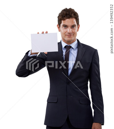 Professional man, poster mockup and presentation for advertising of opportunity, news or information in studio. Portrait of boss or business person with paper and space for job on a white background Professional man, poster mockup and presentation for advertising of opportunity, news or information in studio. Portrait of boss or business person with paper and space for job on a white background 139492352