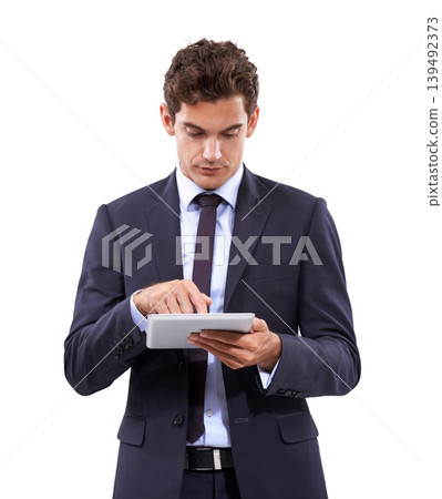 Business man, studio and scroll on tablet in online research, stock market investment or trading software. Professional trader or corporate analyst typing on digital technology on a white background Business man, studio and scroll on tablet in online research, stock market investment or trading software. Professional trader or corporate analyst typing on digital technology on a white background 139492373