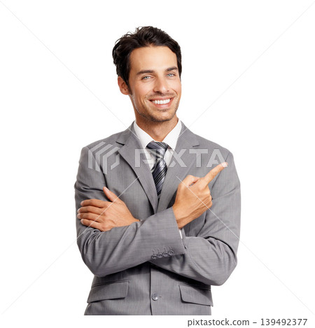 Portrait, happy business man and pointing in studio to announcement, promotion and mockup feedback on white background. Corporate worker show presentation of deal, advertising choice and information Portrait, happy business man and pointing in studio to announcement, promotion and mockup feedback on white background. Corporate worker show presentation of deal, advertising choice and information 139492377