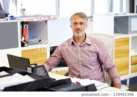 Business man, portrait and office for planning, company management and career in finance or accounting. Happy face of senior manager, accountant or executive working at his desk in startup workplace Business man, portrait and office for planning, company management and career in finance or accounting. Happy face of senior manager, accountant or executive working at his desk in startup workplace 139492396