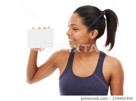 Blank paper, woman and poster with card for advertisement and promotion mockup in studio. Smile, happy and female person with signage for advertising for sale or discount with white background 139492400