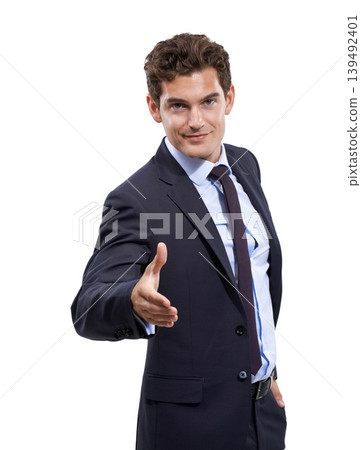 Business man, handshake offer and portrait in studio for meeting introduction, job interview and hiring. Happy corporate boss or employer shaking hands and welcome in client POV on a white background 139492401