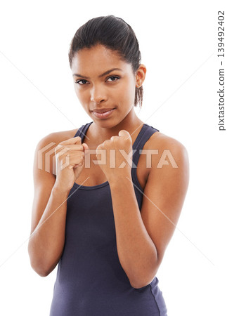 Woman, portrait and hands for boxing punch or workout strength, sportswear or training mockup. Female person, face and confident for fitness health or white background, challenge progress or studio 139492402