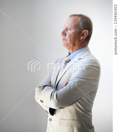Thinking, arms crossed and director with business man for vision, idea and reflection. Corporate, executive and professional ceo with senior male employee standing for future, mindset and planning 139492403