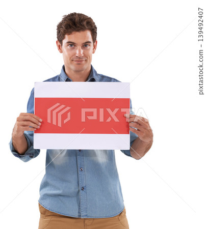 Paper, poster and portrait of man in studio advertising space, news or presentation on white background. Banner, mockup and face of male model with checklist, schedule or platform, deal and offer Paper, poster and portrait of man in studio advertising space, news or presentation on white background. Banner, mockup and face of male model with checklist, schedule or platform, deal and offer 139492407