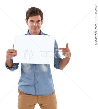 Pointing, poster and portrait of man in a studio with mockup space for marketing, promotion or advertising. Happy, banner and handsome person from Canada with empty sign isolated by white background. Pointing, poster and portrait of man in a studio with mockup space for marketing, promotion or advertising. Happy, banner and handsome person from Canada with empty sign isolated by white background. 139492425