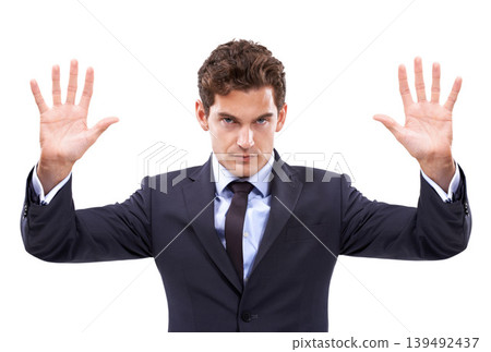 Stop, hands and portrait of business man in studio with limit, warning or threat on white background. Palm, protest and face of male entrepreneur with security emoji for order, control or not allowed Stop, hands and portrait of business man in studio with limit, warning or threat on white background. Palm, protest and face of male entrepreneur with security emoji for order, control or not allowed 139492437