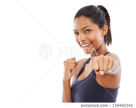 Woman, portrait and hands for boxing fight in studio workout, sportswear or training mockup. Female person, face and confident for fitness health or white background, challenge progress or mma punch Woman, portrait and hands for boxing fight in studio workout, sportswear or training mockup. Female person, face and confident for fitness health or white background, challenge progress or mma punch 139492543