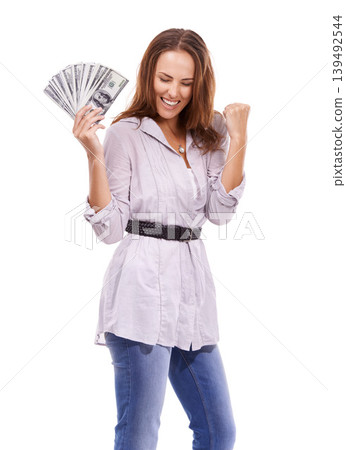Woman, dollars or celebrate money fan in studio for wealthy deal, giveaway or lottery prize on white background. Excited winner, fist and bonus of profit, income or cash investment, savings or reward Woman, dollars or celebrate money fan in studio for wealthy deal, giveaway or lottery prize on white background. Excited winner, fist and bonus of profit, income or cash investment, savings or reward 139492544