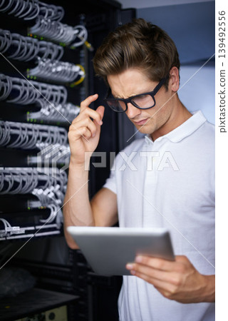 Server room, information technology and man for thinking, tablet or check connectivity at night job. Cybersecurity system, it solution or person for internet glitch, data center or storage with idea Server room, information technology and man for thinking, tablet or check connectivity at night job. Cybersecurity system, it solution or person for internet glitch, data center or storage with idea 139492556