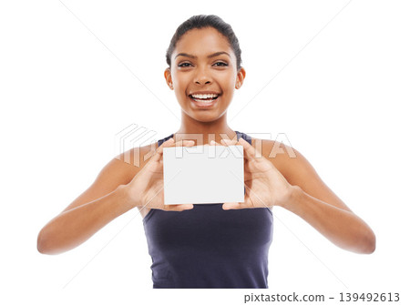 Blank paper, excited woman and poster with portrait for advertisement and promo mockup in studio. Smile, happy and person with signage for advertising for sale or discount with white background 139492613